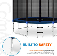 2022 NEW - Safety Plus - 12 FT Outdoor Trampoline For Kids And Adults With Safety Enclosure And Ladder 400LBS Capacity - Blue